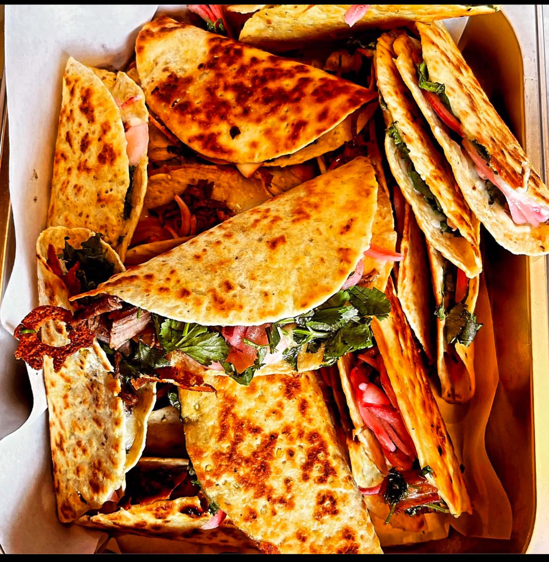 A colorful catering tray filled with toasted El Rhino foldies